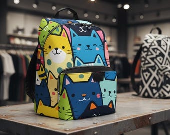 Mochila de gato colorida, cuero PU con dibujo de caricatura (mochila escolar infantil)