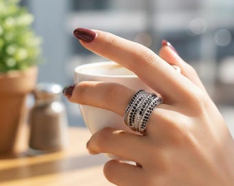 Black Stone Wide Band Ring for Women, Multi Row Pavé Statement Ring