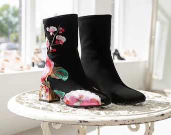 Vintage Floral Embroidered Boots, Black Textile (Mid-Calf, Block Heel)