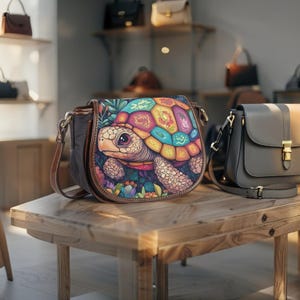 Puede incluir: Un bolso bandolera colorido con un diseño de tortuga. El bolso presenta una ilustración detallada de una tortuga con un caparazón vibrante, rodeada de elementos florales y botánicos. El bolso tiene una correa de cuero marrón y un cuerpo marrón oscuro.