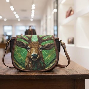 Può includere: Borsa a tracolla marrone e nera con un'illustrazione di un cervo sul davanti. Il cervo ha grandi corna ed è ambientato su uno sfondo verde. La borsa ha un cinturino e finiture in pelle marrone ed è appoggiata su un tavolo di legno.