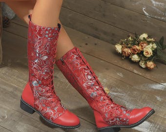 Ethnic Lace-Up Mid-Calf Boots – PU Leather Retro Chunky Heel