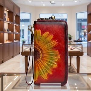 Puede incluir: Cartera de cuero roja con diseño de girasol. La cartera tiene cierre de cremallera, correa de muñeca y detalle de cadena. El girasol está en relieve en amarillo y verde.