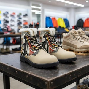 Può includere: Un paio di stivaletti beige con suole e lacci neri. Gli stivali presentano un colorato motivo tribale con la silhouette di una donna e finiture in ecopelliccia. Gli stivali sono esposti su un tavolo di metallo in un negozio di scarpe.
