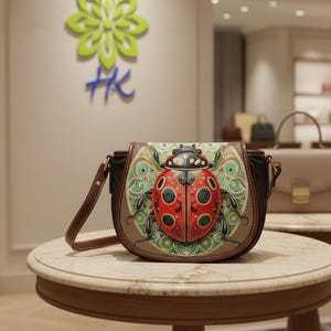 Può includere: Borsa a tracolla marrone e nera con un design dettagliato di coccinella. La coccinella è rossa con pois neri, su uno sfondo verde e marrone. La borsa ha una tracolla marrone.