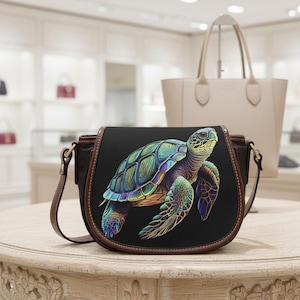 Puede incluir: Un bolso bandolera negro con ribete y correa marrones. El bolso presenta un diseño de tortuga marina colorido. La tortuga tiene un caparazón verde, azul y amarillo. El bolso está sobre una mesa clara.