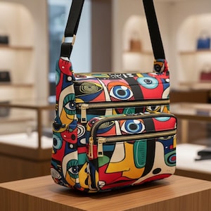 May include: A colorful crossbody bag with a vibrant abstract face design. The bag features multiple zippered compartments with gold-colored hardware and a black adjustable strap. The primary colors are red, blue, yellow, and black.