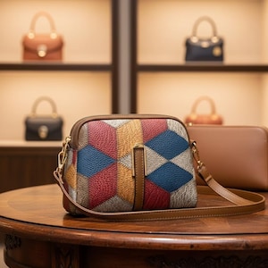 Könnte beinhalten: Eine kleine, farbenfrohe Umhängetasche mit einem geometrischen Patchwork-Design in Rot, Blau und Beige. Die Tasche hat einen braunen Lederriemen und einen goldenen Reißverschluss. Weitere Handtaschen sind im Hintergrund zu sehen.