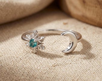 Snowflake Moon Ring Adjustable S925 Silver Gift for Her Elegant Daily Wear