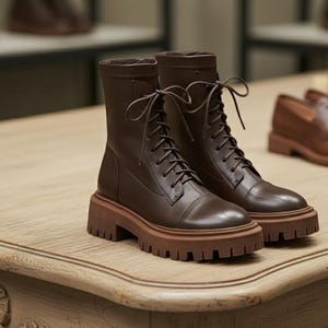 Puede incluir: Un par de botas de combate de cuero marrón con diseño de cordones. Las botas tienen punta redondeada y suela gruesa con tacos. Las botas miden aproximadamente 18 cm de alto.