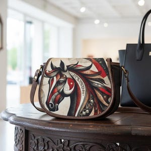 May include: A brown leather crossbody bag with a flap closure. The bag features a detailed graphic of a horse's head in red, black, and beige tones. The bag is sitting on a wooden table, with a black tote bag in the background.
