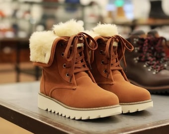 Snow Boots, Lace Up Winter Ankle Boots, Faux Fur Lined, Brown