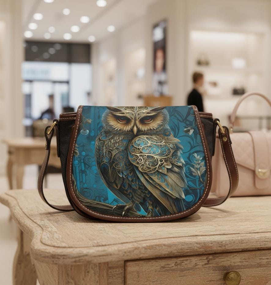 Owl Art Shoulder Bag - PU Leather Flap with Adjustable Strap