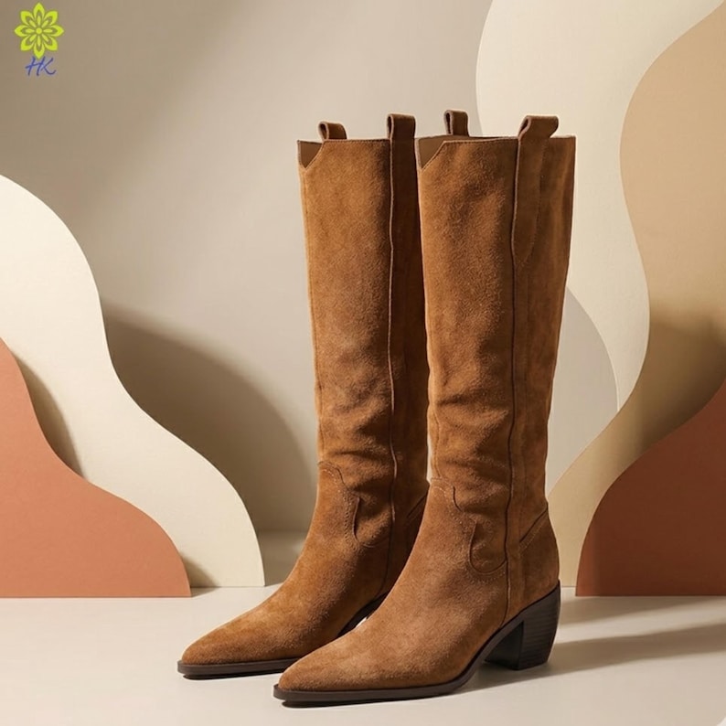 Retro Suede Knee Boots: Western Style, Pointed Toe, Square Heel image 1