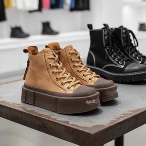 May include: A pair of tan high-top sneakers with brown soles and laces. The sneakers have a zipper on the back and the letters "ABCD" on the side of the sole. Black boots are visible in the background.