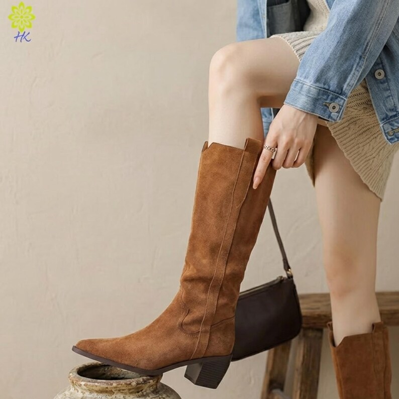 Retro Suede Knee Boots: Western Style, Pointed Toe, Square Heel image 7