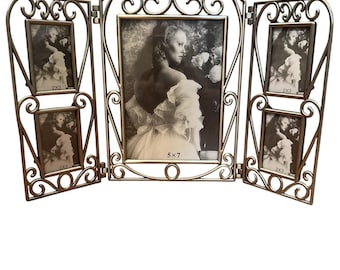 Vintage Trifold Pewter Collage Photo Frame Scroll Work 5 Openings