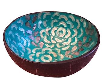 Coconut Shell Trinket Bowl 5.5in Teal Excellent Mother of Pearl