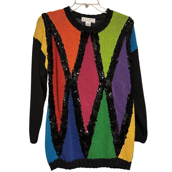 Michelle Stuart Studio Sweater Womens M Multicolor Vintage Sequin Harlequin
