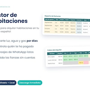 May include: A digital room rental management template for Google Sheets and Excel titled Gestor de Habitaciones. It features tables for utility bill splitting and rent collection tracking, with text in Spanish and teal checkmark icons.