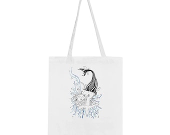 Mermaid Art Hand-Designed Graphic Tote Bag - Black & Blue Outline on White