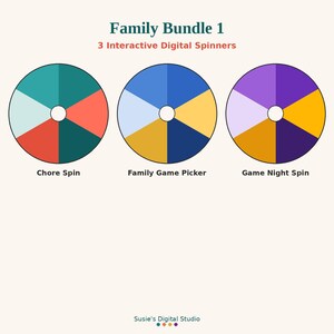 May include: Family Bundle 1, 3 Interactive Digital Spinners. Three circular charts with six colored segments each. Labels include Chore Spin, Family Game Picker, and Game Night Spin. The bottom text reads Susie's Digital Studio with four colored dots.
