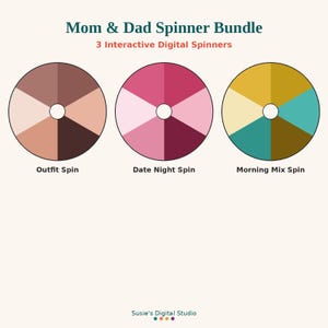 May include: Mom & Dad Spinner Bundle featuring 3 Interactive Digital Spinners. Three circular wheels are displayed, labeled Outfit Spin, Date Night Spin, and Morning Mix Spin. Each wheel is divided into six colored segments with a white center.