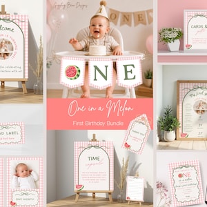 May include: A first birthday party decoration bundle featuring a watermelon theme with pink gingham patterns. The set includes welcome signs, a high chair banner spelling ONE, milestone boards, food labels, thank you tags, and invitation templates.
