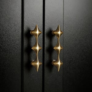 May include: Close-up of two gold-colored cabinet handles with a starburst design. The handles are mounted on a black cabinet door. The handles have a vertical orientation and are symmetrical.