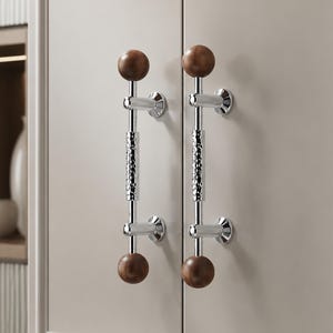 Wood Bead Wardrobe Pull, Minimalist Silver Handle For Cupboard Storage