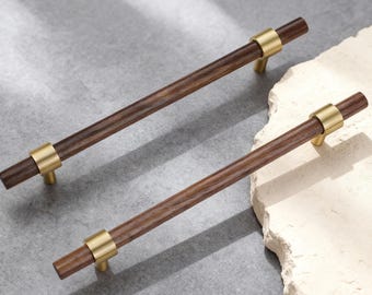 Walnut Wardrobe Pulls - Brass Cabinet Handles - Drawer Hardware