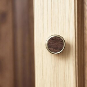 Op de afbeelding: Een close-up van een kastknop. De knop heeft een donkerbruin houten midden, omgeven door een messingkleurige metalen ring. Het is gemonteerd op een lichtgekleurde houten kastdeur, met een minimalistisch ontwerp.