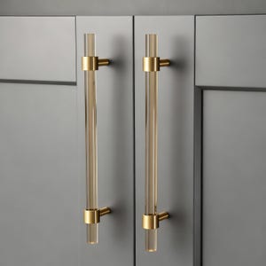 May include: Two cabinet pulls with clear acrylic rods and gold-toned metal accents. The pulls are mounted on a gray cabinet door. The cylindrical rods are held in place by gold-toned rings and attached to the door with gold-toned screws.