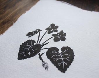 Violette linosnede - met de hand gesneden en gedrukt op handgeschept papier - originele botanische kunstprint