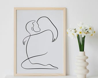 Lámina minimalista de arte lineal de pareja, abrazo romántico (descarga digital)