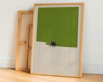 Lámina minimalista de pájaros verdes en un banco, arte mural escandinavo (descarga digital)