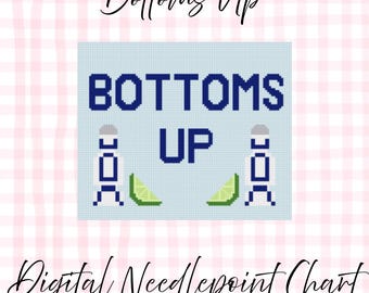 May include: A digital needlepoint chart with the words "Bottoms Up" in dark blue pixelated letters. The design includes two cocktail glasses and lime wedges on a light blue background, set against a pink gingham pattern.