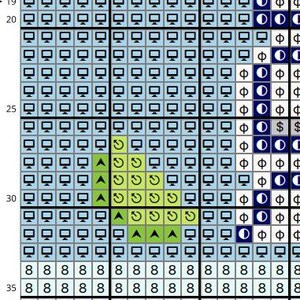 May include: A cross-stitch pattern chart with a grid of squares. The majority of the squares contain a computer monitor icon. Other squares have dollar signs, crescent moons, and the number 8. Green and yellow shapes are also present.
