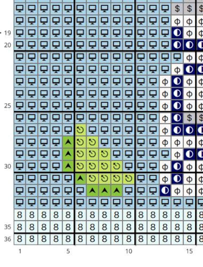 May include: A cross-stitch pattern chart with a grid of squares. The majority of the squares contain a computer monitor icon. Other squares have dollar signs, crescent moons, and the number 8. Green and yellow shapes are also present.
