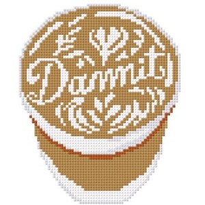 May include: A cross-stitch design in shades of brown, white, and orange, featuring the word "Dammit" in a decorative font. The design includes floral and leaf accents, and is set against a white background.