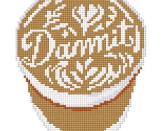 Funny Latte Needlepoint Pattern | “DAMMIT” Coffee Foam Chart | Snarky Cross Stitch & Needlepoint Digital Download