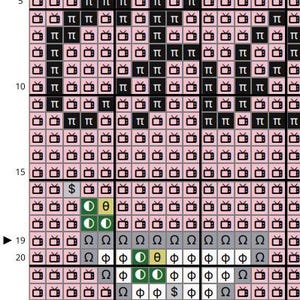 May include: A cross-stitch pattern featuring a pixelated design with various symbols and a central image of a face. The background is a light pink color, and the design includes black, green, and gray elements.