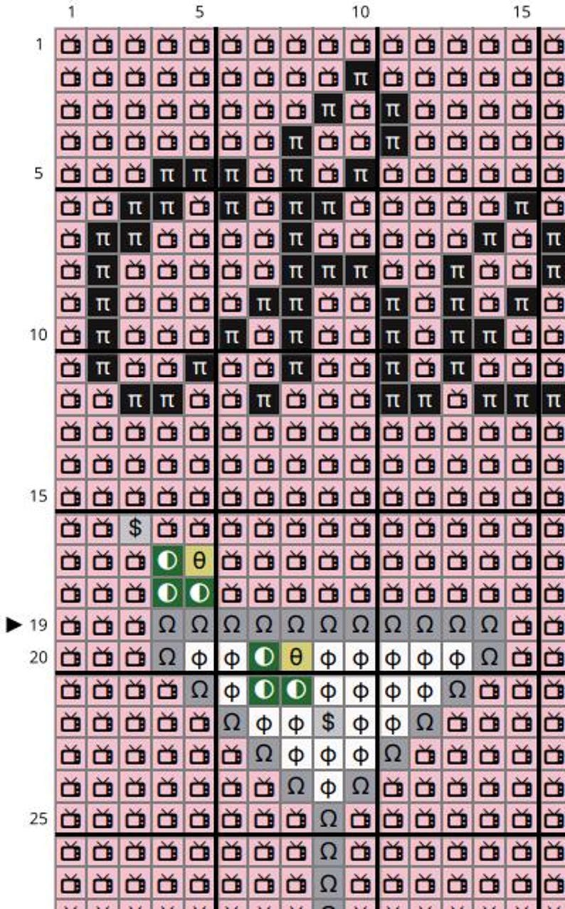 May include: A cross-stitch pattern featuring a pixelated design with various symbols and a central image of a face. The background is a light pink color, and the design includes black, green, and gray elements.