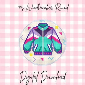 May include: A round digital download featuring a pixelated 90s windbreaker design. The windbreaker is teal, purple, pink, and white, with a zipper down the front. The background is a pink and white checkered pattern. Text reads "90s Windbreaker Round" and "Digital Download."