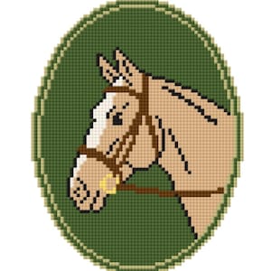 May include: A cross-stitch style image of a horse's head in profile, wearing a bridle. The horse is tan and white, set against a green oval background with a darker green border. The image has a pixelated appearance.