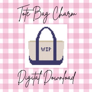 May include: A digital download graphic featuring a tote bag charm design. The charm is a pixelated illustration of a tote bag with navy blue handles and trim, and the letters "WIP" on the front. The background is a pink and white gingham pattern.