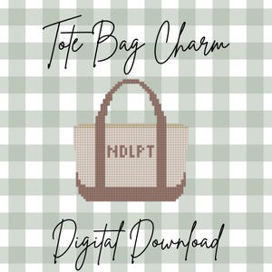 May include: A cross-stitch pattern of a tote bag with brown handles and a brown base on a light beige background. The center of the bag features the text NDLPT in brown. The image includes the text Tote Bag Charm and Digital Download.