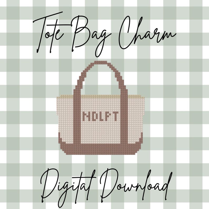 May include: A cross-stitch pattern of a tote bag with brown handles and a brown base on a light beige background. The center of the bag features the text NDLPT in brown. The image includes the text Tote Bag Charm and Digital Download.