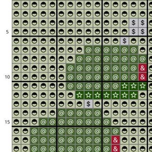 May include: A cross-stitch pattern chart with a grid of squares in shades of green and gray. The chart includes symbols such as dollar signs, ampersands, and stars, and the text "1, 5, 10, 15, 19, 20" along the edges.