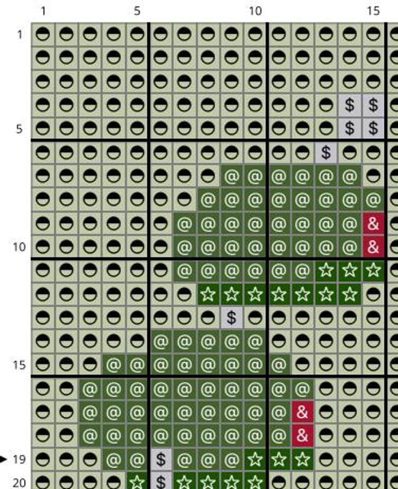 May include: A cross-stitch pattern chart with a grid of squares in shades of green and gray. The chart includes symbols such as dollar signs, ampersands, and stars, and the text "1, 5, 10, 15, 19, 20" along the edges.